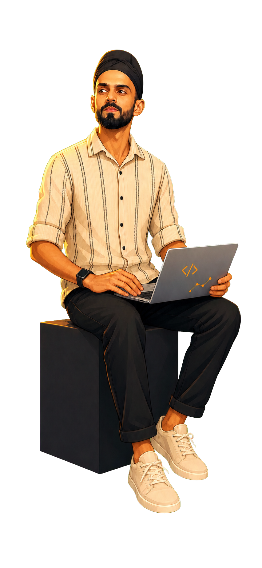 Illustration of Sunny working on a laptop